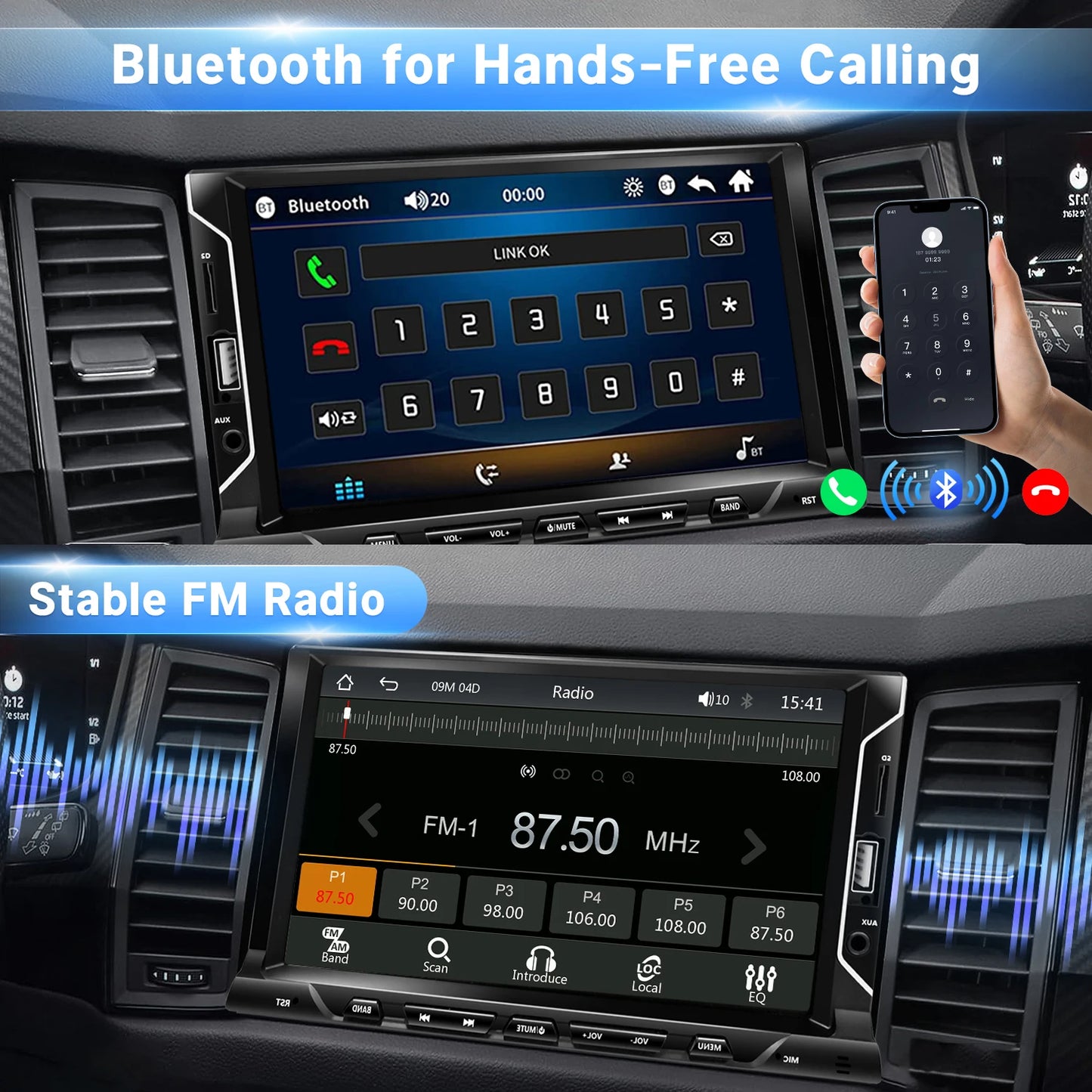 7" 2-DIN Car Stereo with Backup Camera — CarPlay, Android Auto, Bluetooth, Mirror Link, FM/AUX