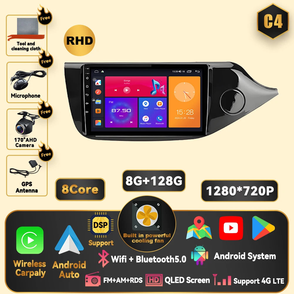 Android 15 Carplay For Kia CEED 2 JD 2012 - 2018 Car Radio Stereo Multimidia Player GPS Bluetooth DSP 2din Stereo QLED Screen