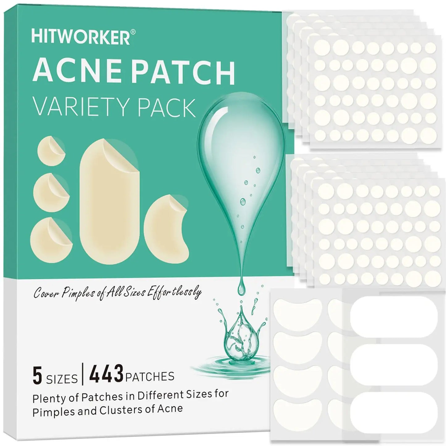 443pcs water-based gel acne patch - removes facial acne, soothes and heals the skin, multiple sizes of oversized acne patches