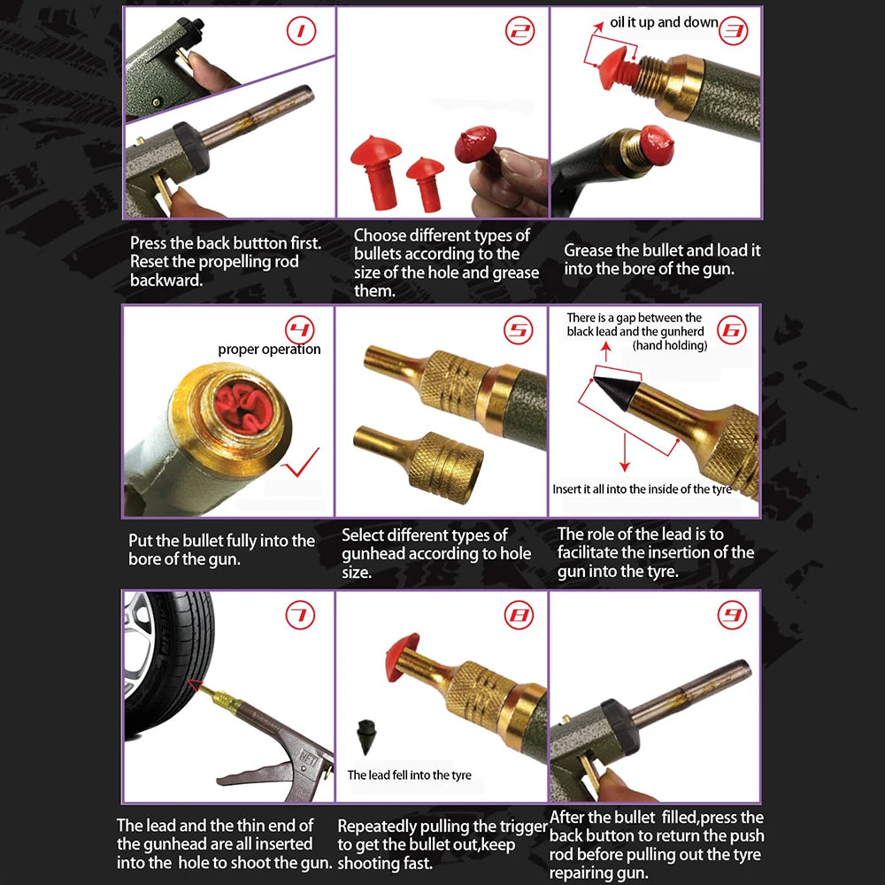 Professional Tire Repair Kit Tubeless Puncture Plug Gun for Car Motorcycle Heavy Duty Mushroom Plugs Emergency Seal Tool