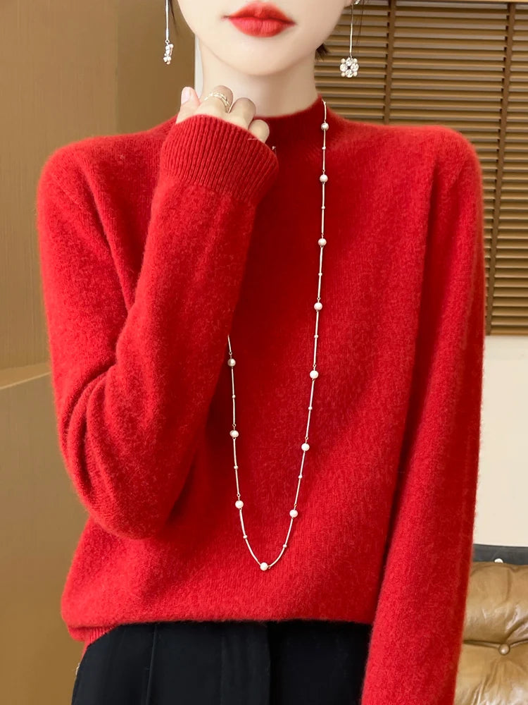 Women's Merino Wool Mock Neck Sweater, Long Sleeve