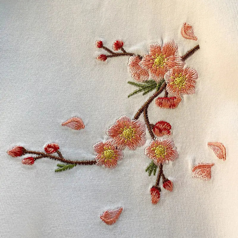 Aesthetic Japan Style Cherry Blossoms Embroidery T Shirts Sexy Women Girls Cotton Summer Tee Tops O-neck Loose Casual Harajuku