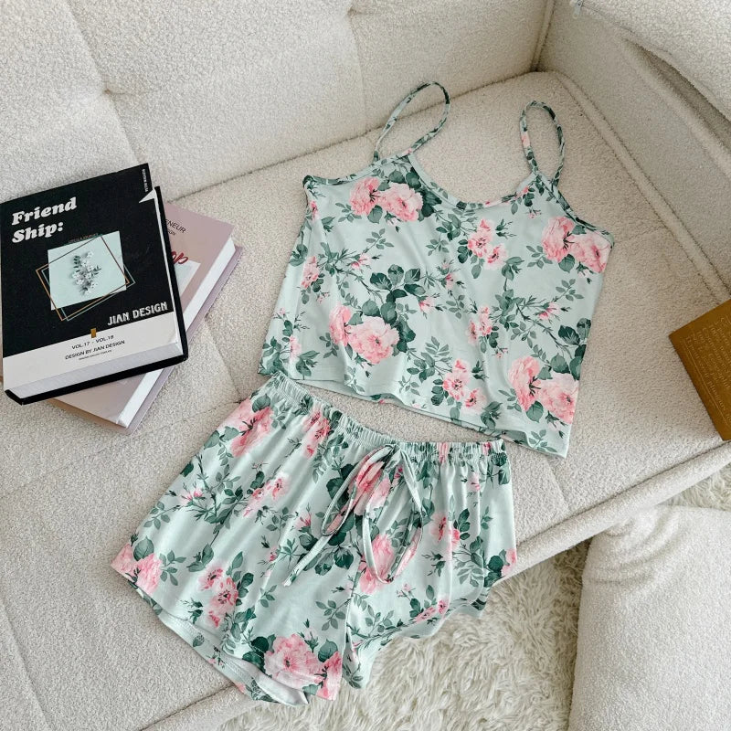 Women Casual Pajama Ladies Sexy Sleepwear Print Round Neck Ice Silk Top T-Shirt and Shorts Sets Breathable Comfortable Home Wear