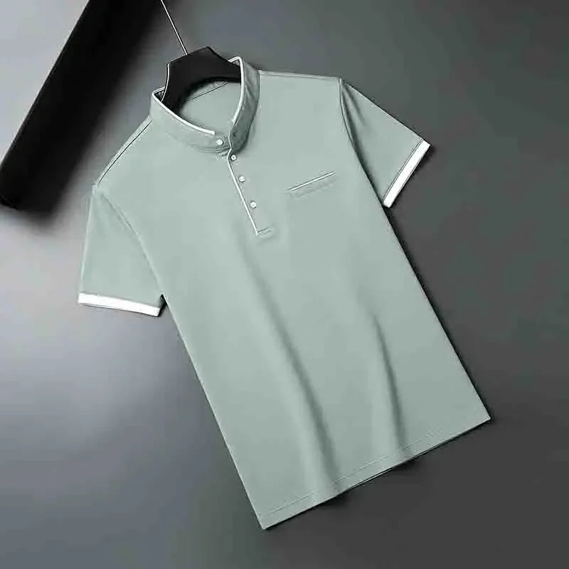 Men's Mandarin Collar Polo - Short Sleeve Pocket, All-Season Pullover