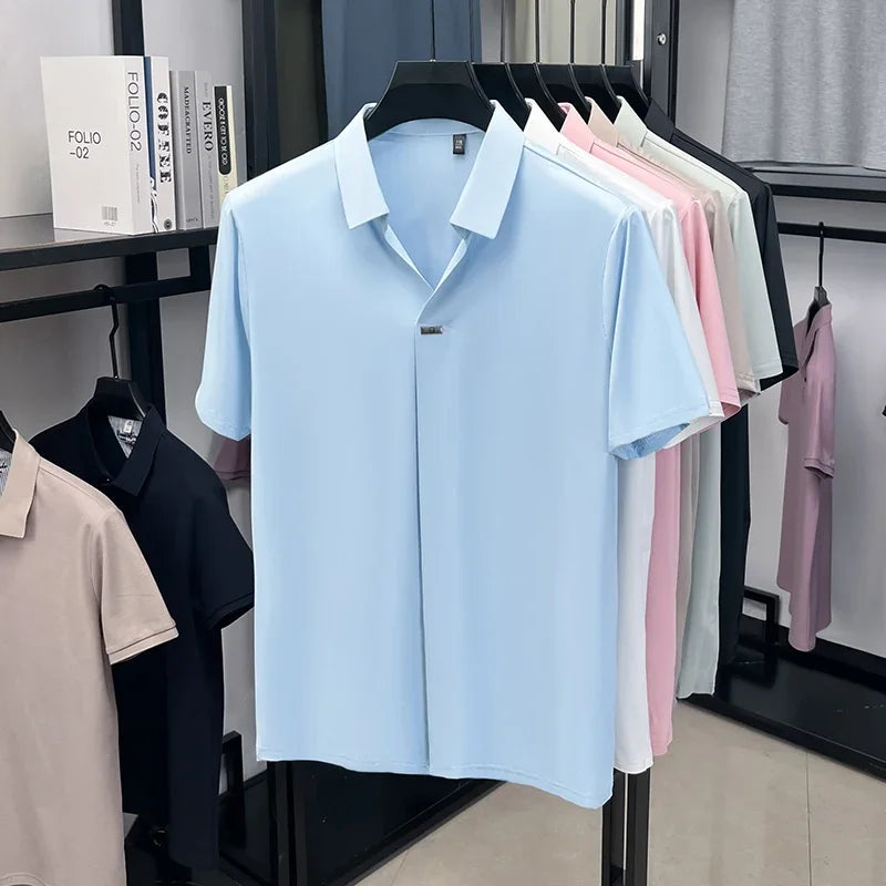 Men's Silky Lapel Polo - Cool-Touch Seamless, Metal-Button Placket