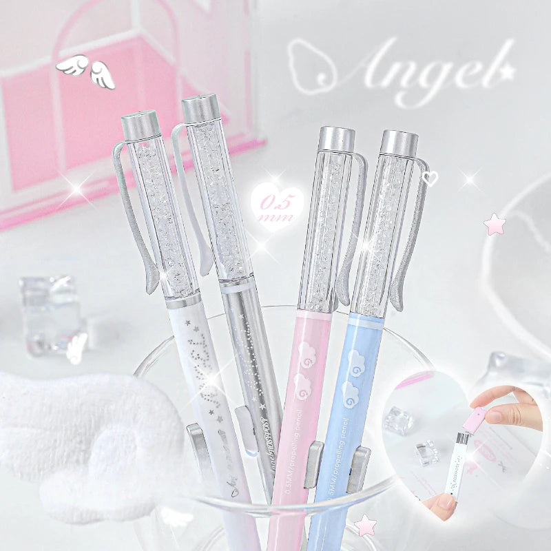 Angel Automatic Pencil Set 0.5HB Glitter Crystal Mechanical Pencil Push Button Cute Student Writing Tools Kawaii School Supplies