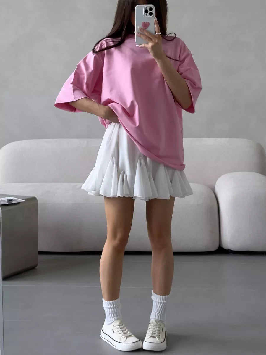 Hirsionsan Summer Casual Oversized T-shirts Women 100% Cotton Pink Loose Tees 2026 New Cusual Solid O Neck Female Aesthetic Tops
