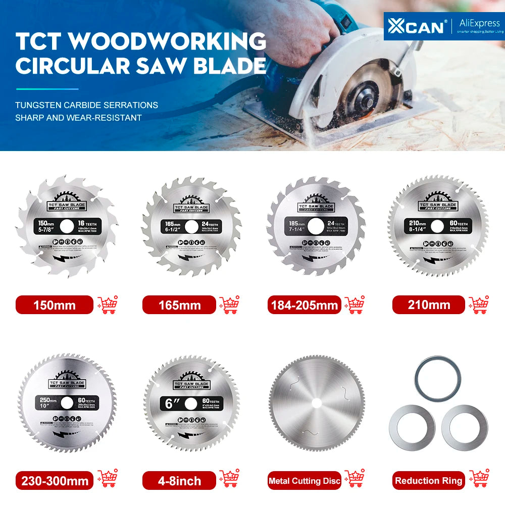 XCAN 165mm TCT Carbide Saw Blade — 24–60T Wood Cutting Disc