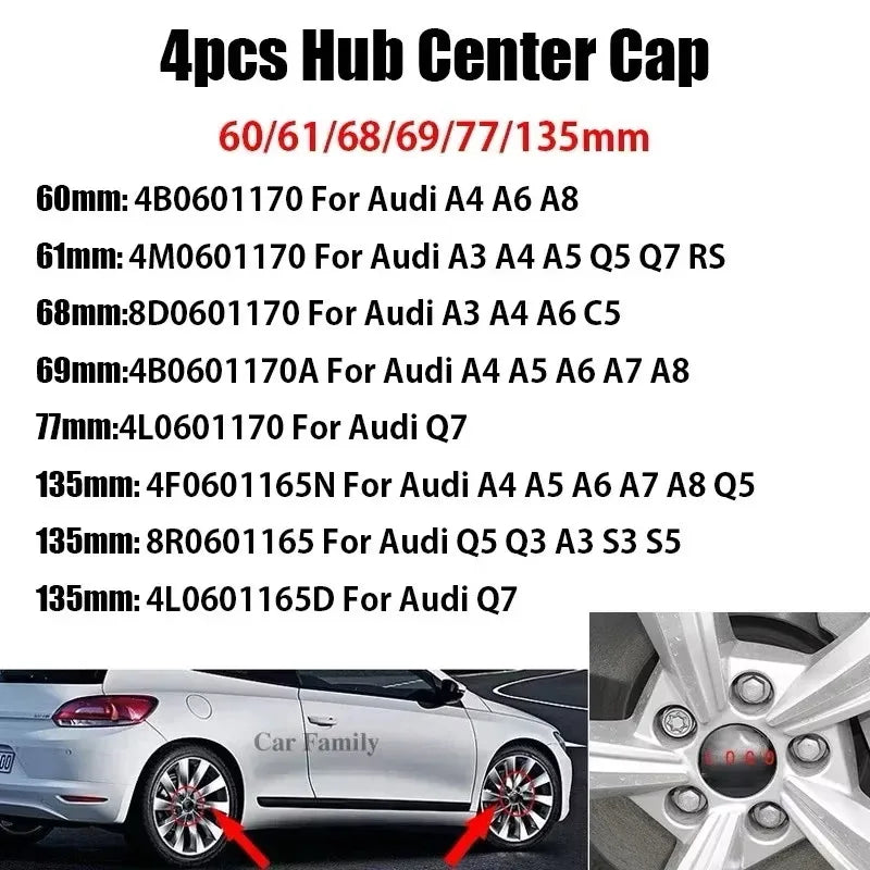 Audi 4pcs Wheel Center Caps - 60mm, 61mm, 68mm, 69mm