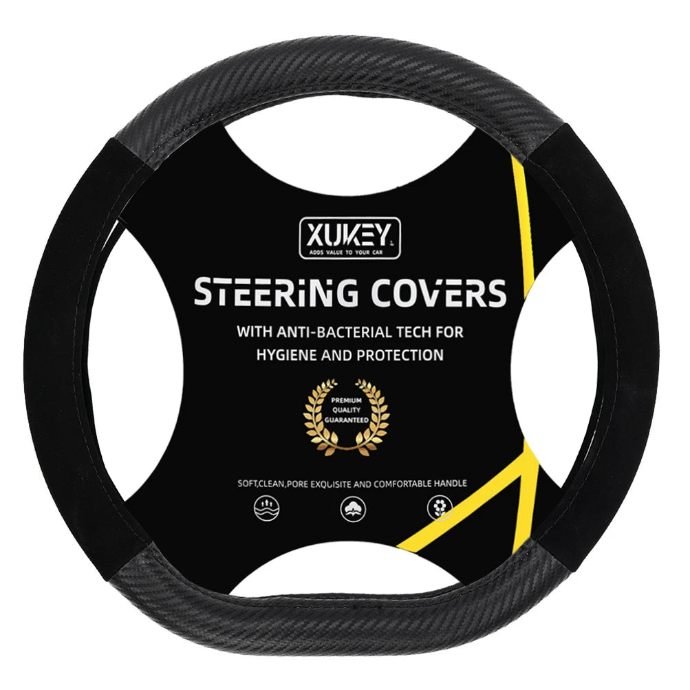D-Shaped Carbon Fiber & Suede Leather Car Steering Wheel Cover Anti-Slip Protector Breathable Sweat Absorbent Sport 38cm(15Inch)