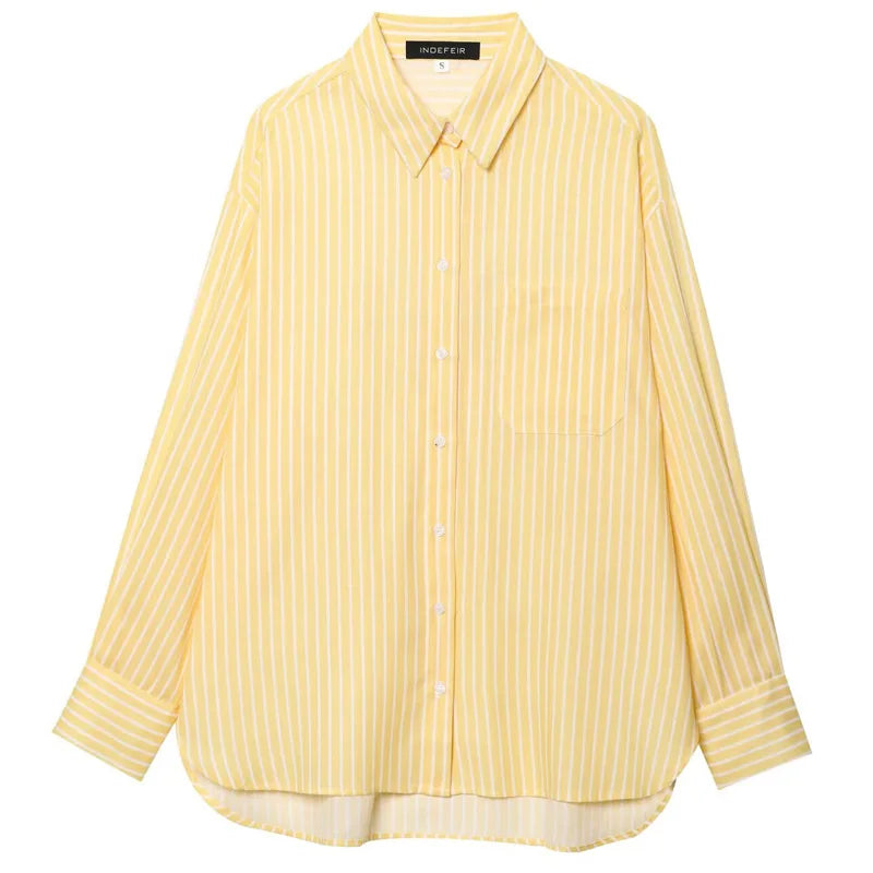 HXAO Yellow Striped Shirt Women's Blouse Spring Summer 2025 Oversized Long Sleeve Shirt Top Shirts & Blouses Chic Casual Blouse