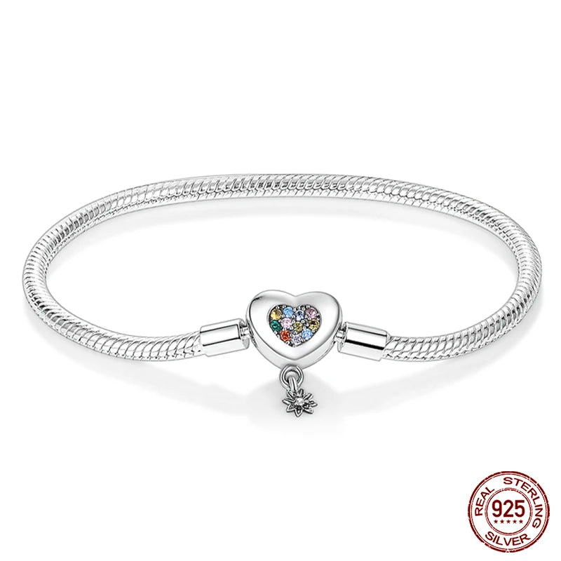 925 Sterling Silver Charm Bracelet – Star Moon Sun Four Leaf Clover Zircon | DIY Birthday Gift for Women (17-20cm)