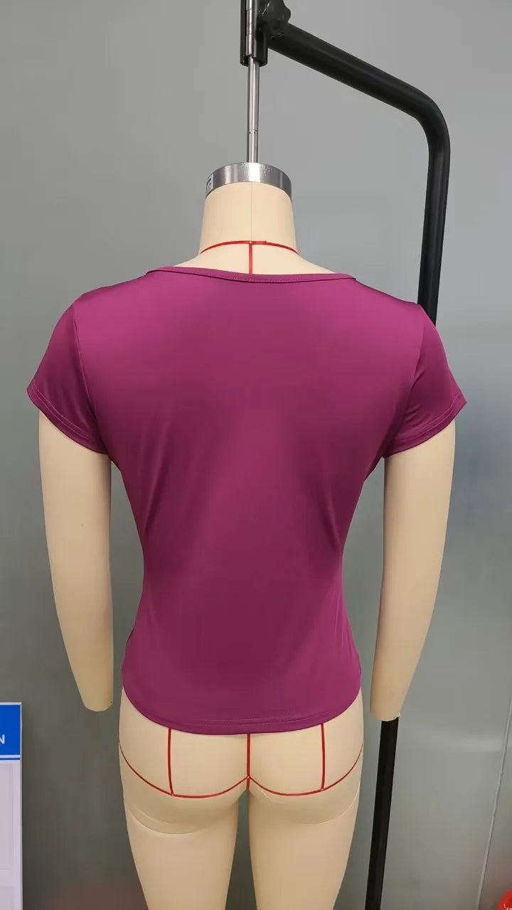 2026 Summer New Fashion Women's T-Shirt Solid-Color Slim-Fit V-Neck Short-Sleeve Top Y2k Clothing