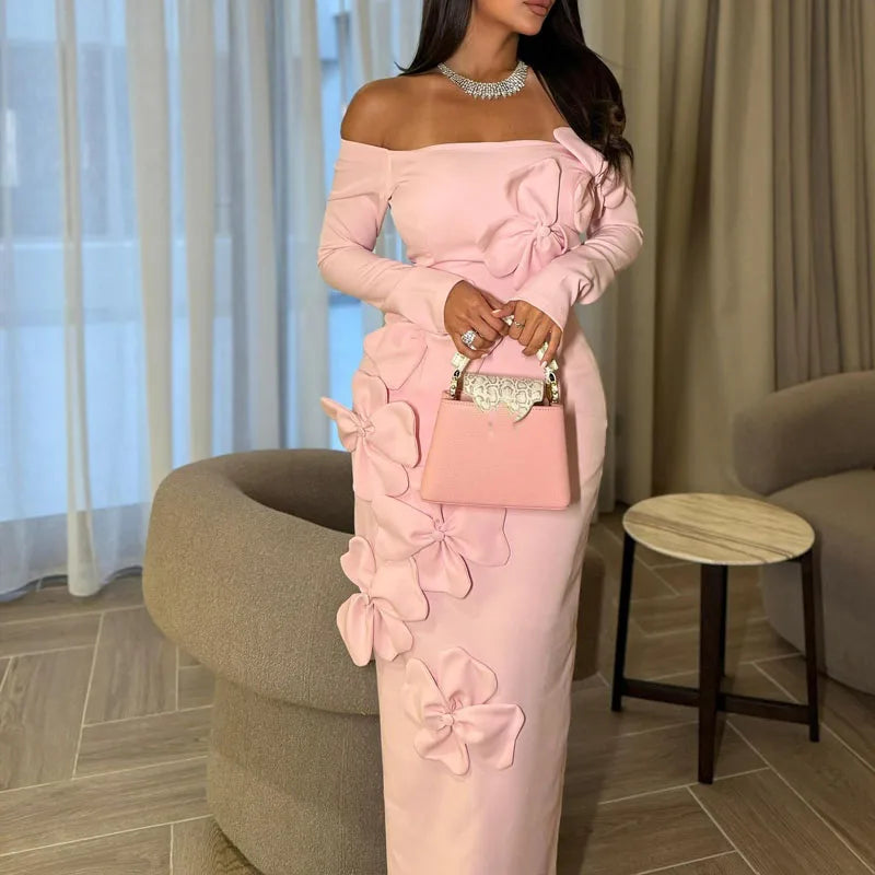 Elegant Off Shoulder Long Sleeve Skinny Dress Fashion Flower Dimensional Pink Wrap Hip Dress Lady Sexy Backless Solid Long Dress