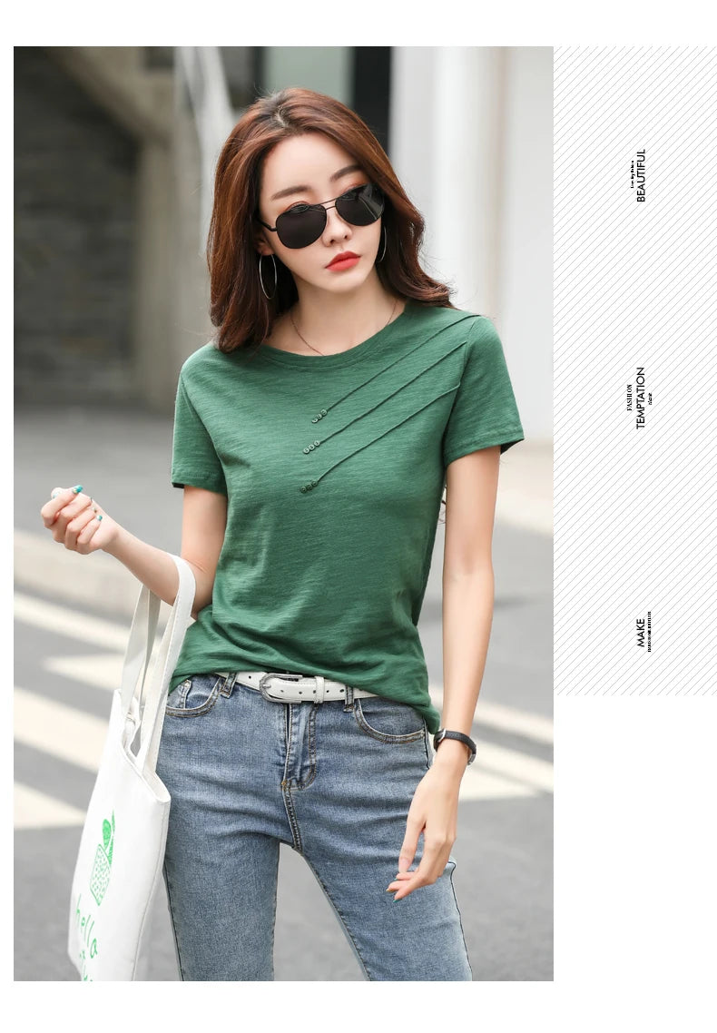 Women's slub cotton button tee, loose crew neck — view 16 of 20