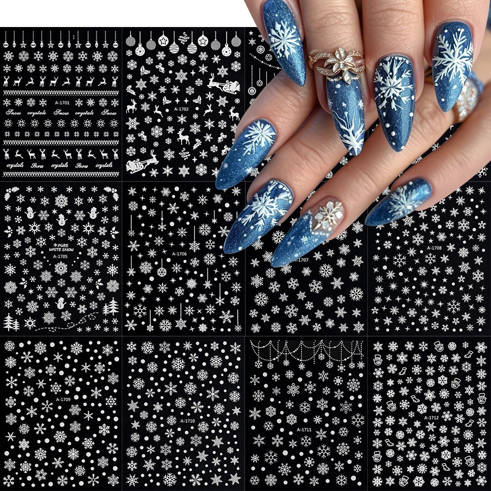 12pcs/set Gold Laser Snowflake Nail Stickers Set 3D Luminous Snowflakes Adhesive Nail Decals Winter Snowman Elk Maniucre Decorat
