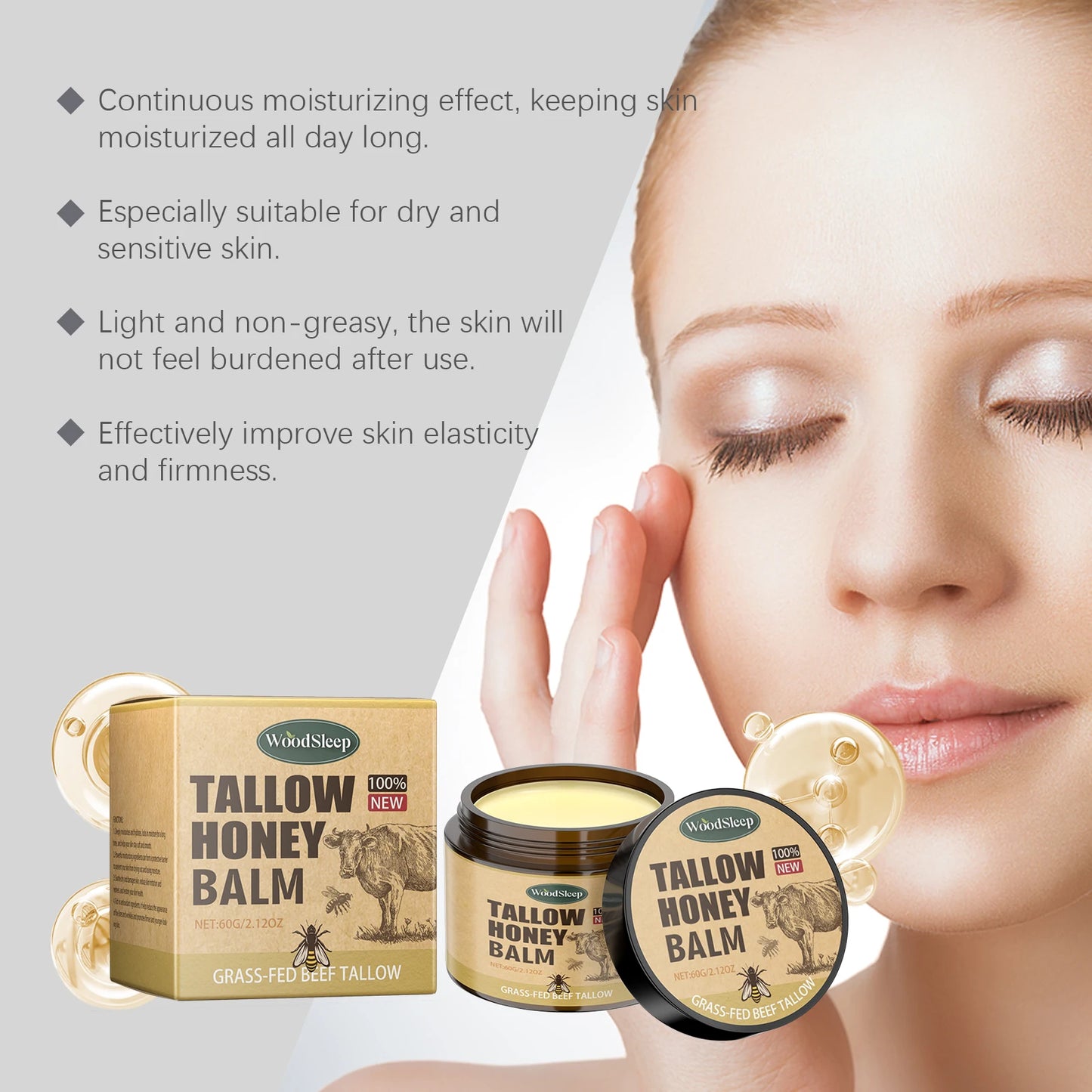 WoodSleep 60g Beef Tallow Honey Face Moisturizer - Intense Hydration for Dry Skin, Anti-Chapping Winter Skincare for Women & Men