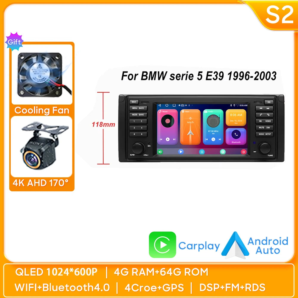 7" Android Car Stereo for BMW 5 Series E39 & X5 E53 (1996–2003) — Android Auto, GPS, 4G, WiFi, 2-DIN