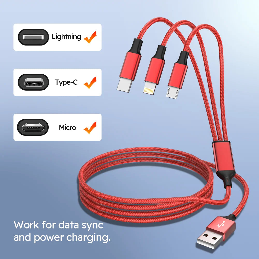 4pcs 3in1 USB-C Fast Charging Cable with Lightning Micro Type C Multi Interface Data Cable Suitable for Iphone Samsung Xiaomi