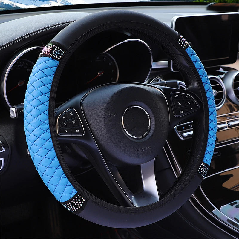 Four Seasons Universal Car Steering Wheel Cover 37-38cm Leather Embroidered Color Diamond-Studded Elastic Steering Wheel Cover