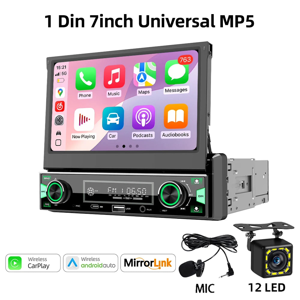 1DIN 7Inch MP5 Car Radio Player FM AM RDS Automatic Retractable IPS Touch Screen Wireless CarPlay Android Auto Car Stereo GPS