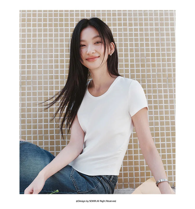Semir Short Sleeve T-Shirt Women Cropped Slim Fit Shoulder Fit Design 2026 New Summer Embroidered Top Versatile for Chic Outfits