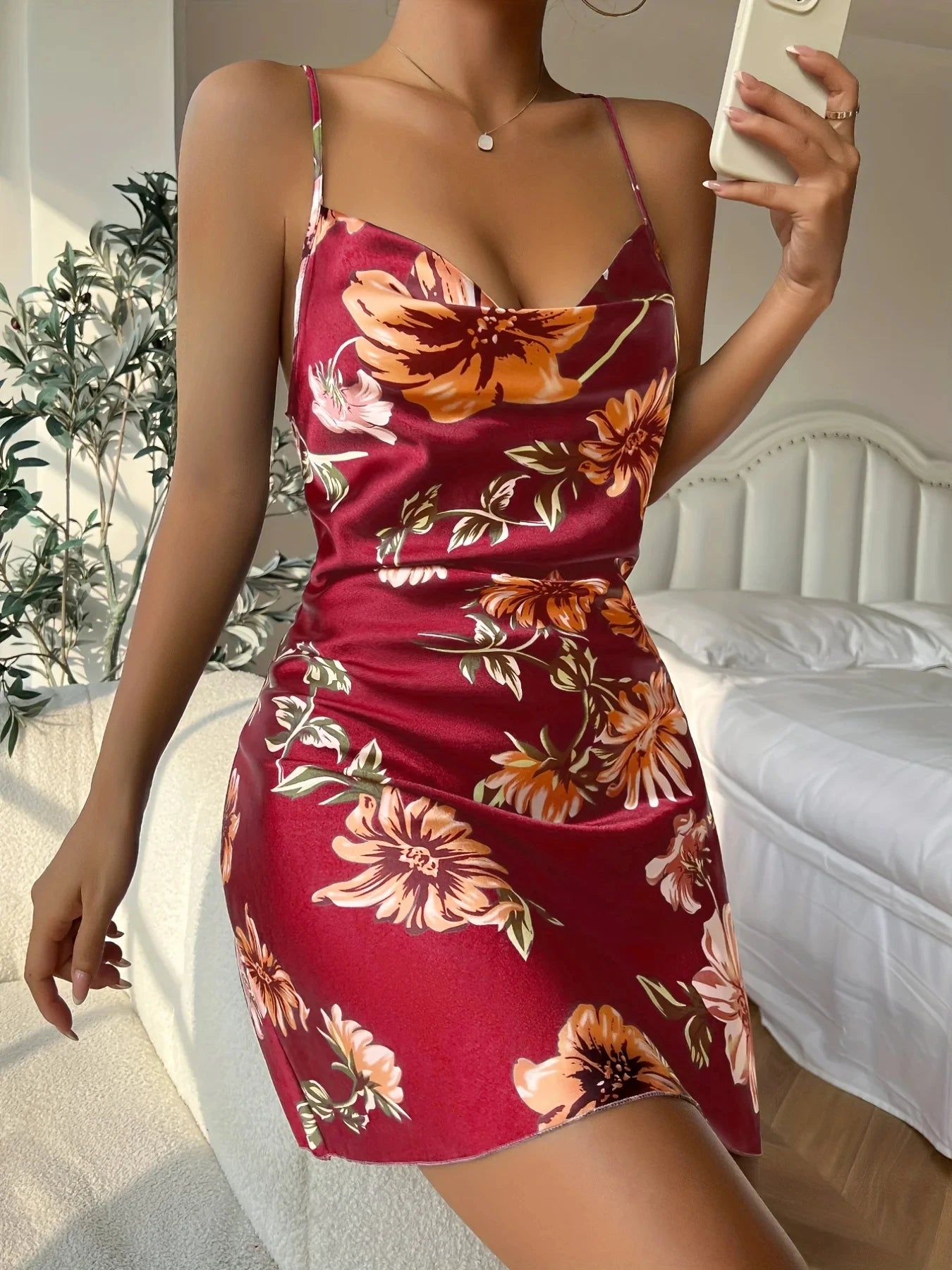 Women's Ice Silk Floral Print Slip Nightdress – Breathable Open Back Split Mid-Calf Pajama Dress | S–XL (9 Colors)