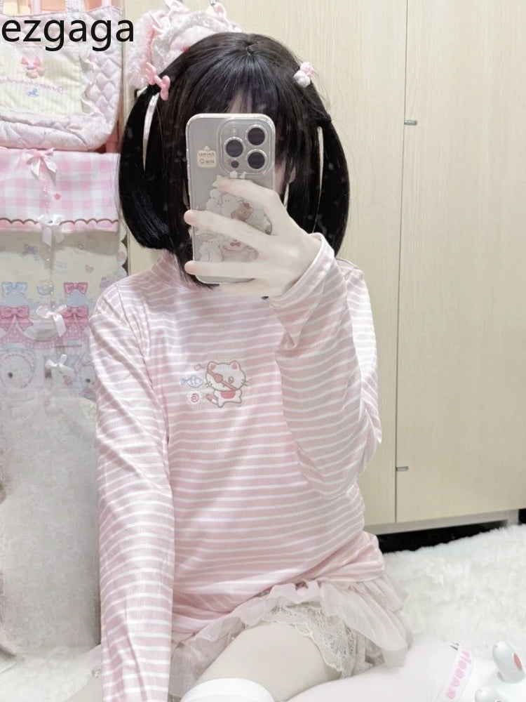 Ezgaga Women T Shirts Sweet Cartoon Cat Embroidery Long Sleeve Striped Turtleneck Neck Basic Autumn Winter Fashion Tops Y2k