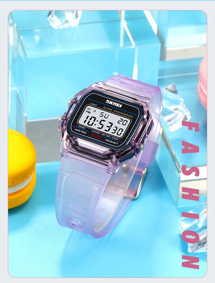 Skmei Women Digital Watches Fashion Transparent Case TPU Strap Led Waterproof Swimming Sports Wristwatch Female Alarm Clock