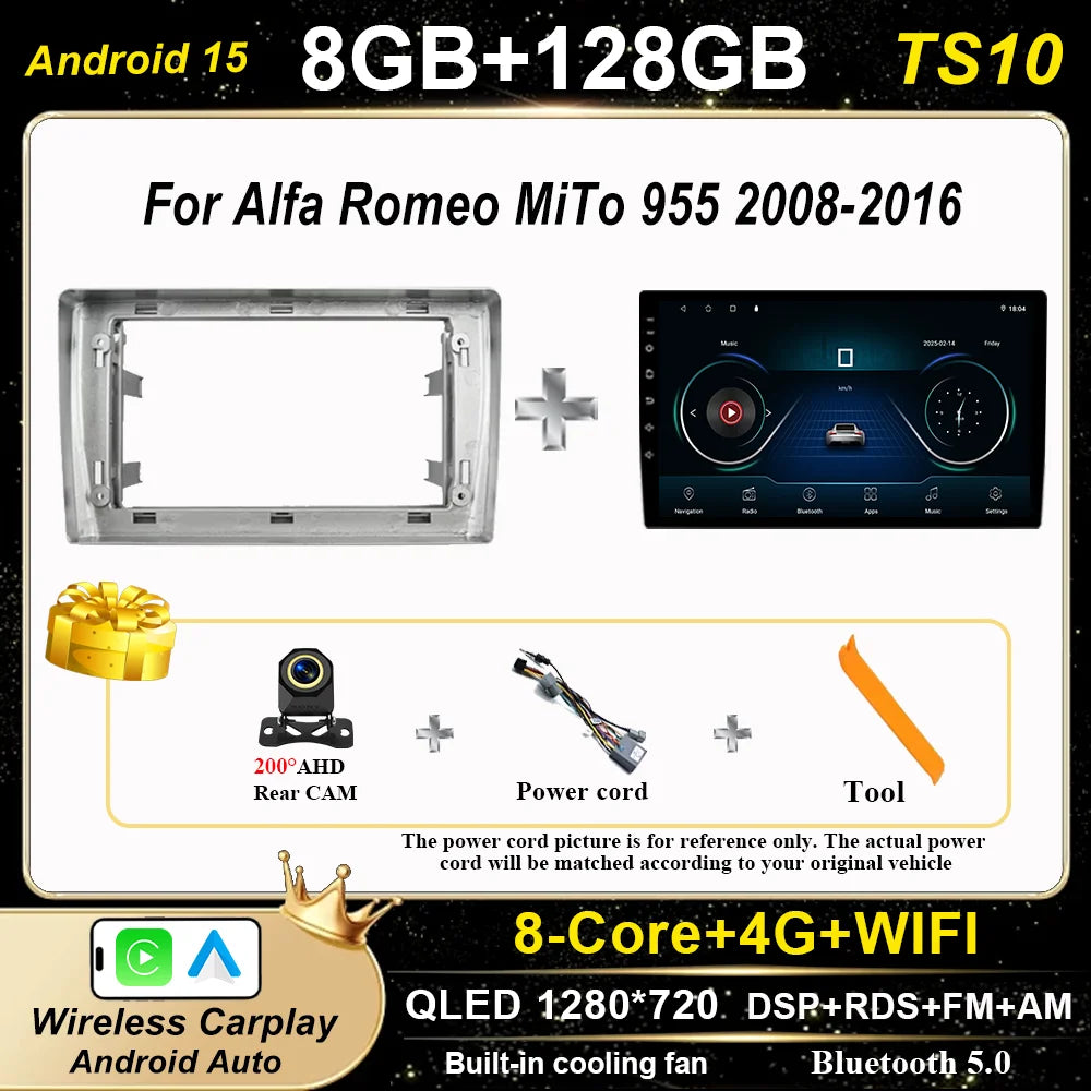 Android 15 Car Radio Stereo For Alfa Romeo MiTo 955 2008-2016 Auto Cireless Carplay GPS Navigation Multimedia Video Player 2Din
