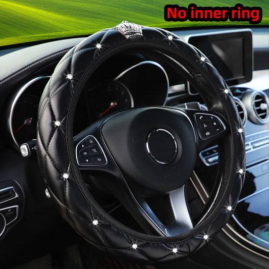 Soft leather diamond-studded crown Blingbling car without inner ring steering wheel cover suitable for 14.5 - 15 inch car access