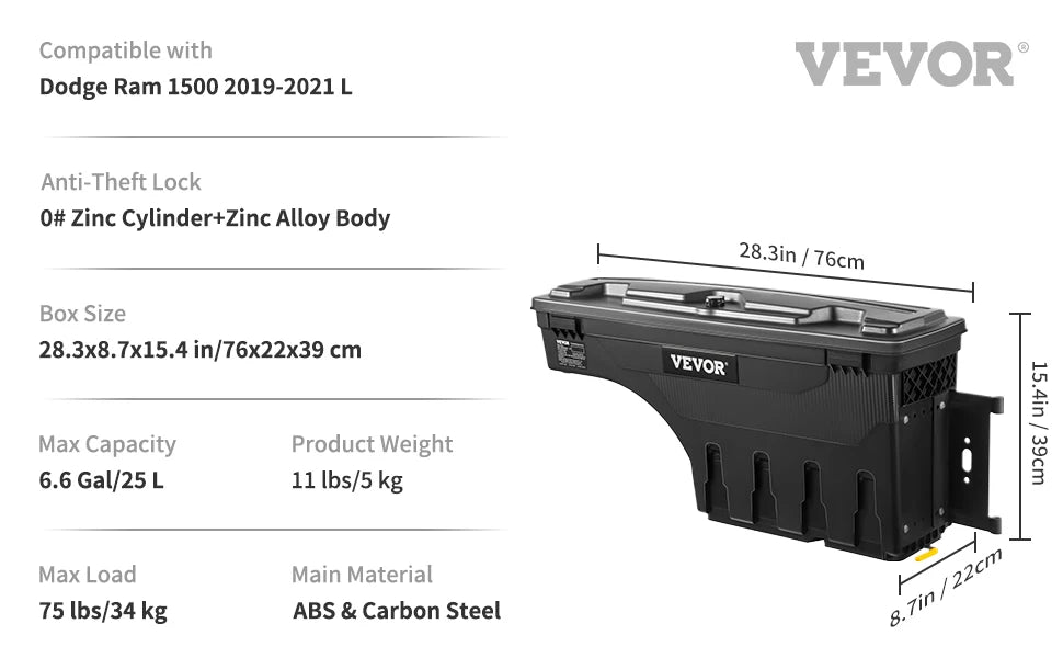 Lockable Wheel-Well Truck Bed Storage Box, Waterproof — Fits Silverado, Sierra & Full-Size Pickups