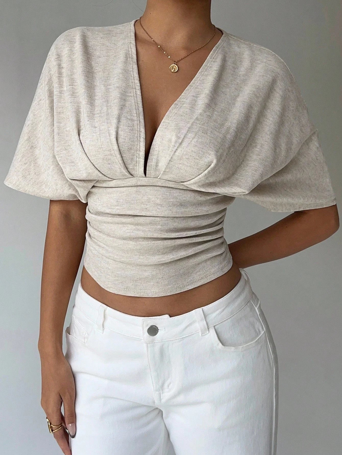 Women's Deep V-Neck Short Sleeve Fitted Tee — Apricot