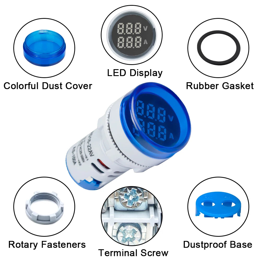 22MM AC 20-500V 0-100A Mini LED Digital Voltmeter Ammeter Hertz Meter Signal Lights 220V Voltage Current Meter Volt Amp Tester