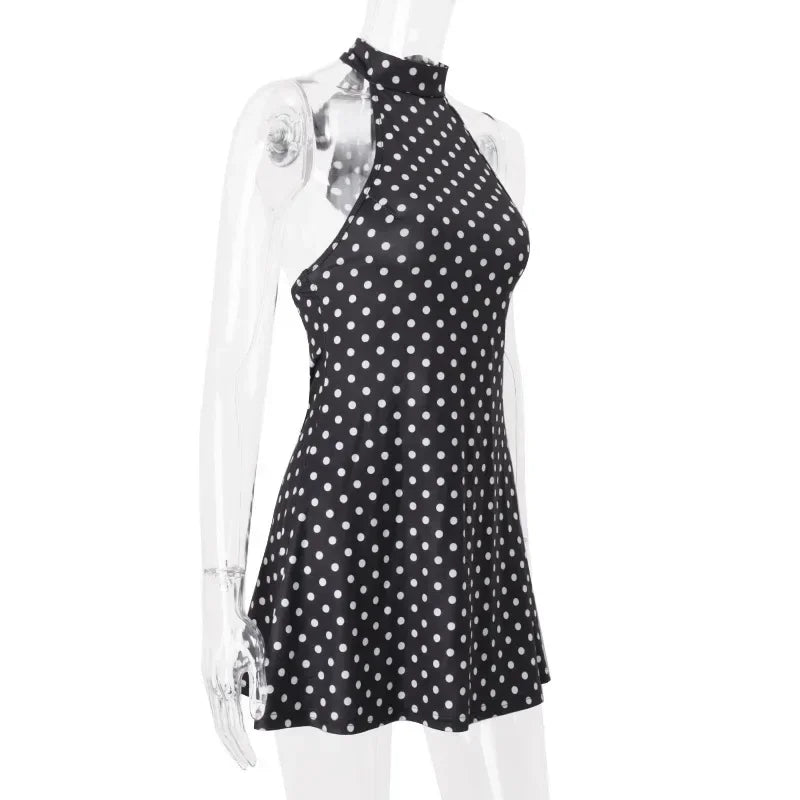 Chic Backless Polka Dot Halter Dress Women's Sleeveless Off Shoulder Lace Up Mini Vestidos 2026 Summer Lady Holiday Party Robe