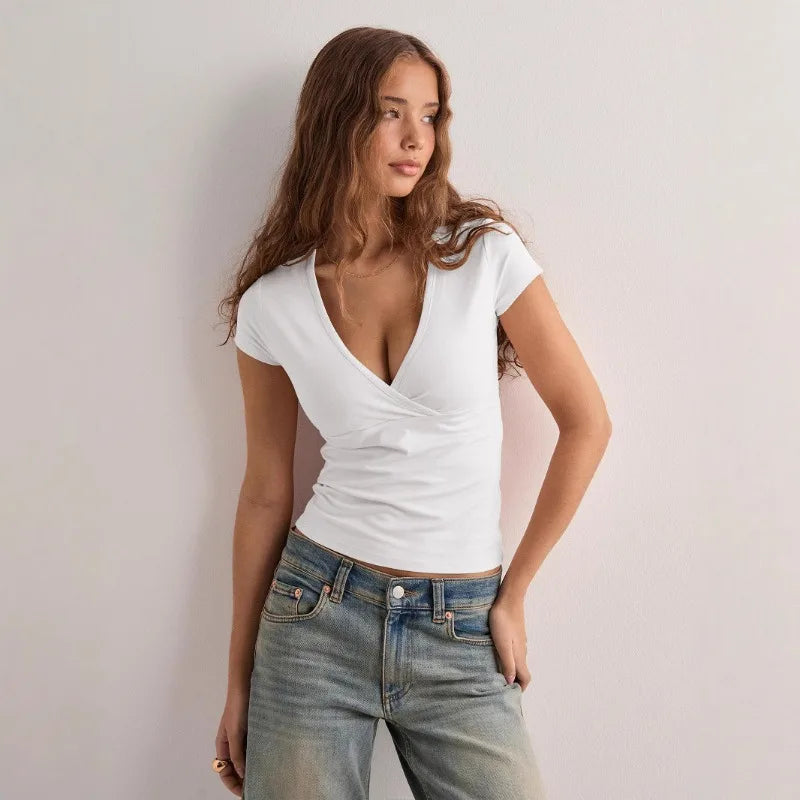 2026 Summer New Fashion Women's T-Shirt Solid-Color Slim-Fit V-Neck Short-Sleeve Top Y2k Clothing