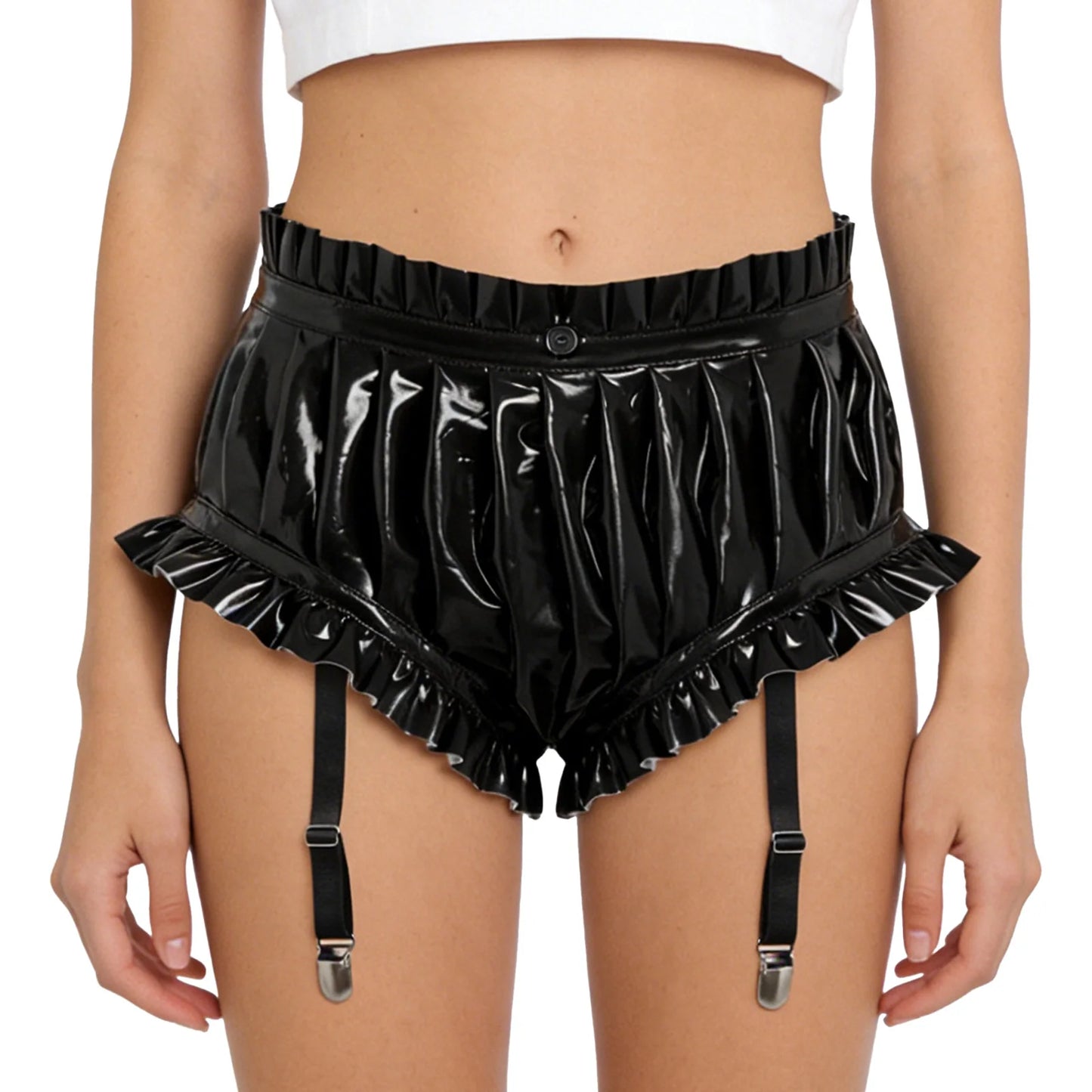 Womens Wet Look Lingerie Latex Shorts Patent Leather Ruffle Trim with Garter Clips Ruched Bloomer Shorts Glossy Rave Clubwear