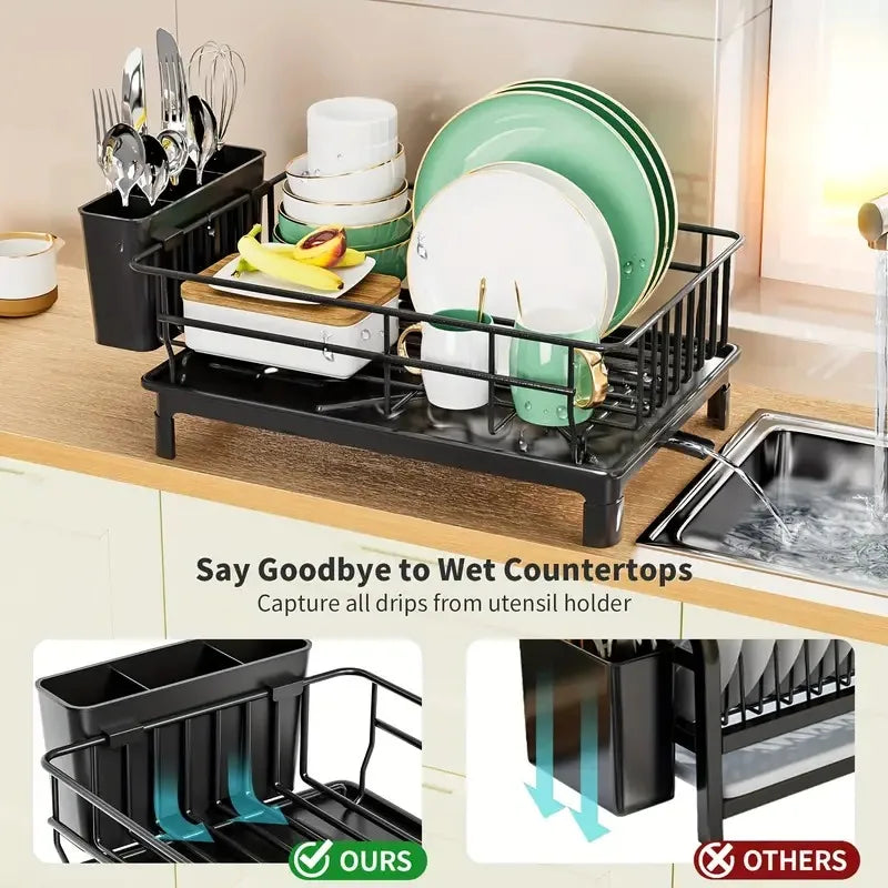 Black Metal Dish Drying Rack with Utensil Holder & Drain Board - photo 4