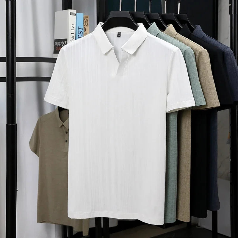 Men's Linen-Blend Polo - Minimalist Plain Lapel, Breathable Soft