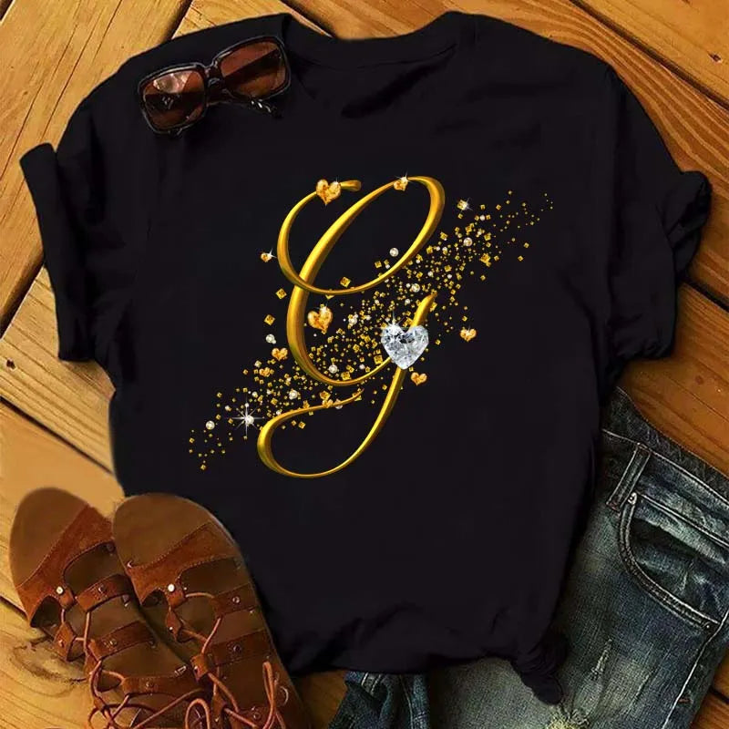 Women's Personalized Letter Graphic Tee — Gold Diamond-Font Monogram Short-Sleeve Top