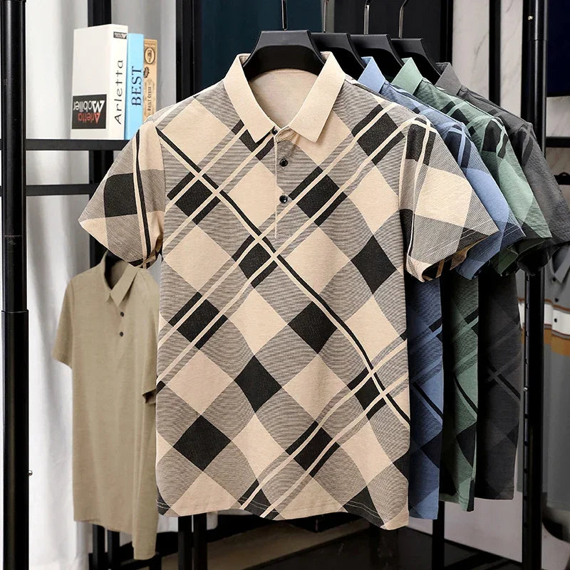 Men's Loose-Fit Check Polo - Soft Thin Woven Stretch, Office Top