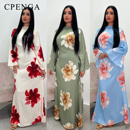 Women's Abaya Maxi Dress - Bell Sleeve Floral Print Modest Long Dress