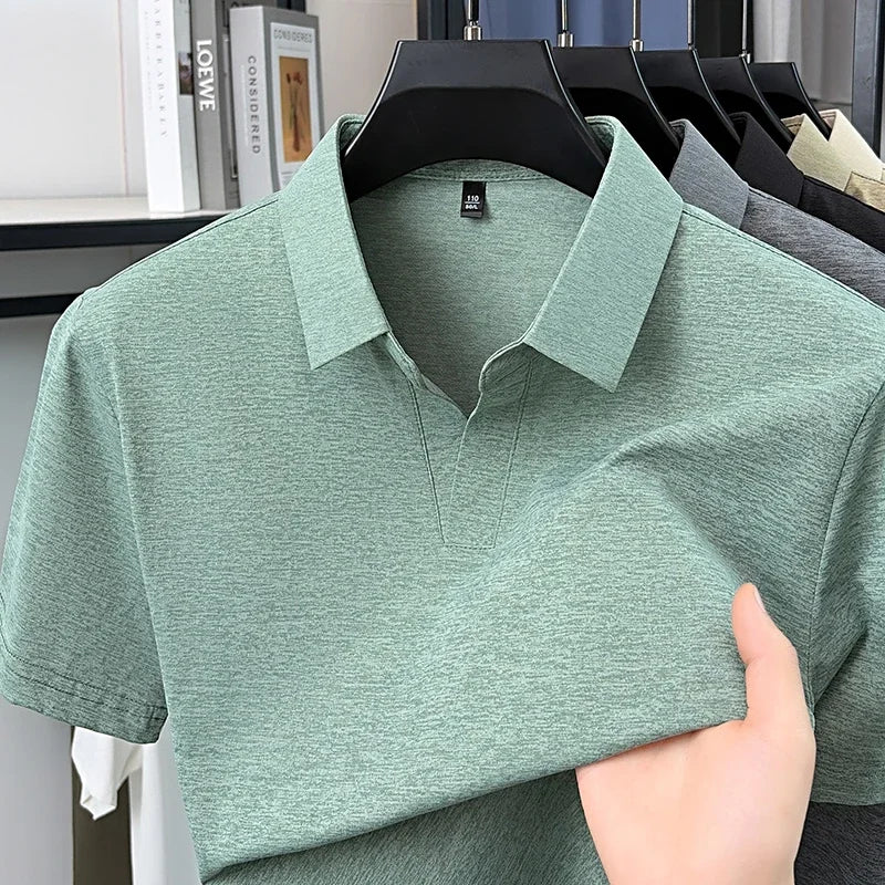 Men's Heather Knit Polo Tee - V-Open Lapel, Anti-Wrinkle Stretch