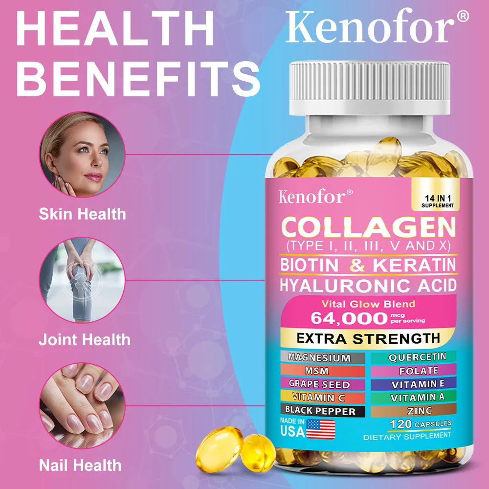 Kenofor 14-in-1 Collagen Capsules – Biotin, Keratin, Hyaluronic Acid, Vitamins A/C/E | Anti-Aging Skin, Hair & Nails Supplement | 30/60/120 Count