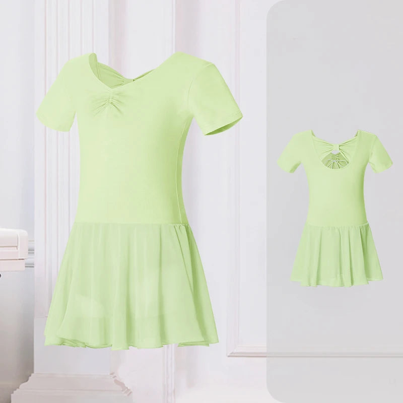 Girl Ballet Leotard with Chiffon Tulle Skirt Kids Bowknot Lyrical Dance Dress Short/Long Sleeve Bodysuit Back Bow Tie Dance Wear