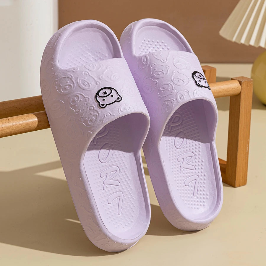 Fashion Cute Printting Bear Women's Slippers Bathroom Non-slip Thick Soft Sole Summer Indoor Comfy Beach Leisure Couple Shoes