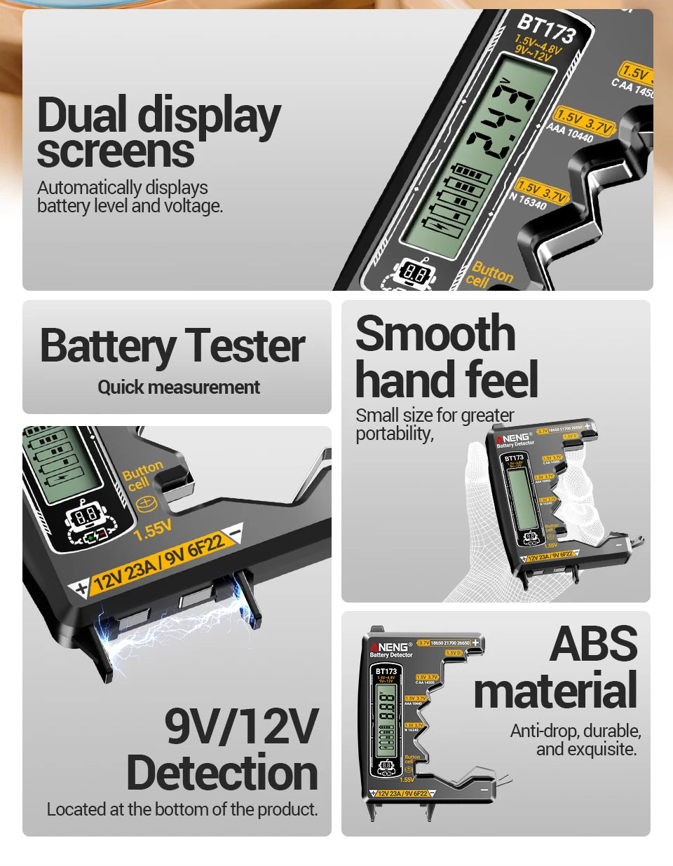 Universal Battery Tester ANENG BT173 Battery Detector Test C D AA AAA N 9V Cell Button Meter Visual Display Testing Tester Tools