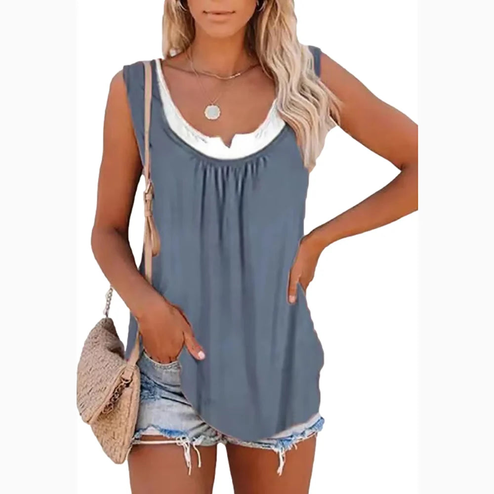 2026 Summer New Arrival Women's Two-Piece Look Sleeveless Tank Top Leaf Print Loose Casual Camisole with Pockets