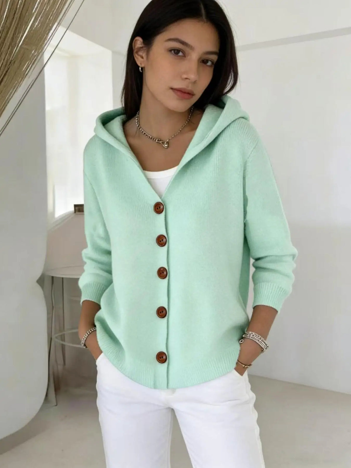 Women's Hooded Knit Cardigan - Casual Open Front V-Neck Sweater - photo 13