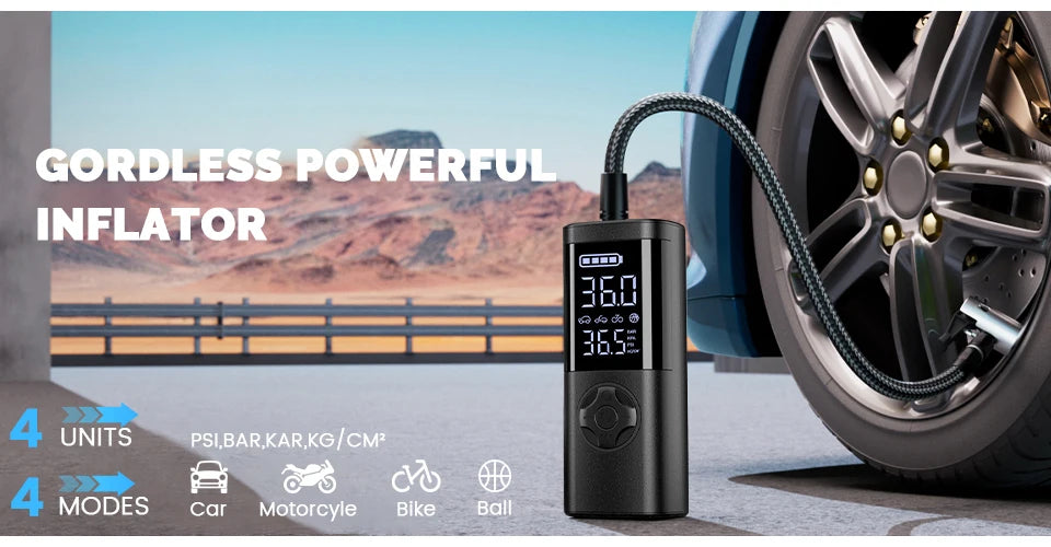 Cordless Car Tire Inflator Portable Air Compressor, 150 PSI Air Pump with Pressure Gauge, for Bicycle Bikes Motorcycles Balls
